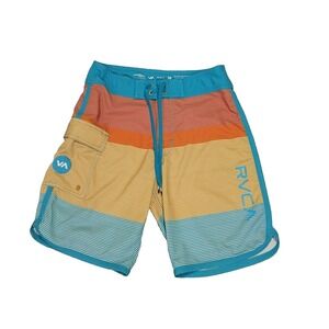 RVCA Board Shorts Mens 30 Red Blue Striped Performance Unlined Swim Surf Cargo‎